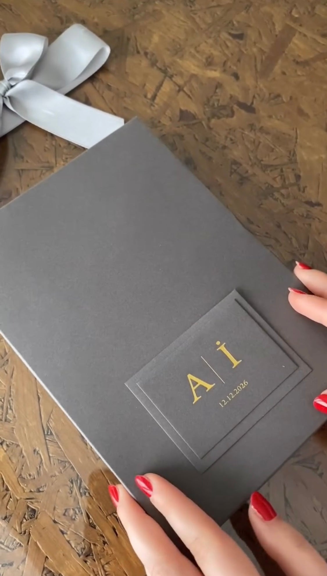 Bespoke Matte Charcoal & Gold Foil Wedding Invitation Suite | Luxury Boxed Save the Date with Wax Seal and Dried Florals