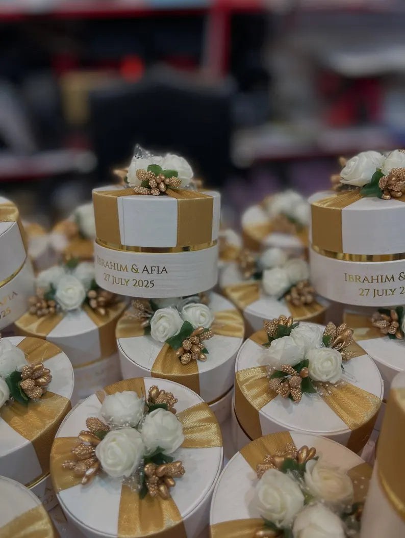 Personalized Floral Wedding Favor Boxes with Gold Satin Ribbon | Custom Nikkah