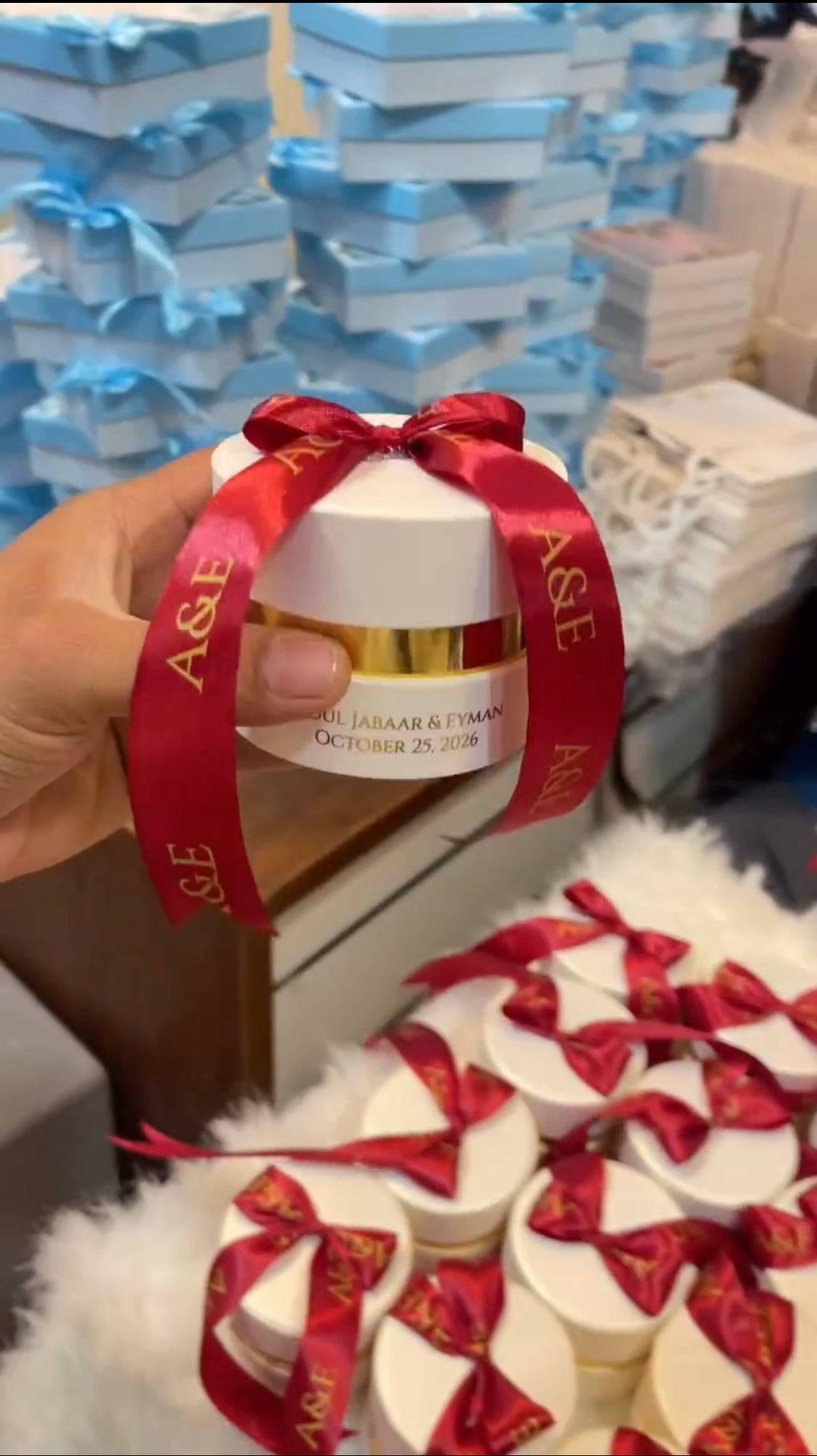 Custom Wedding Favor Boxes with Personalized Ribbon | Luxury Round Rigid Gift Boxes