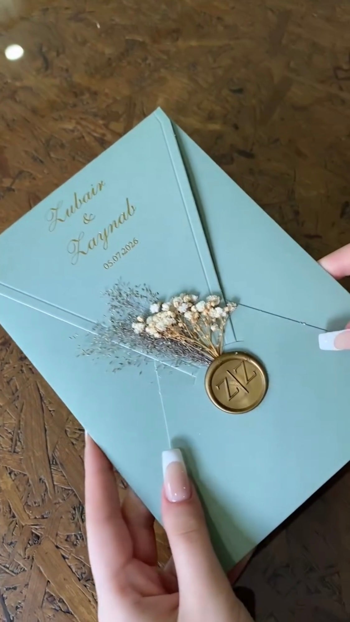 Luxury Sage Green & Gold Wax Seal Wedding Invitation Suit
