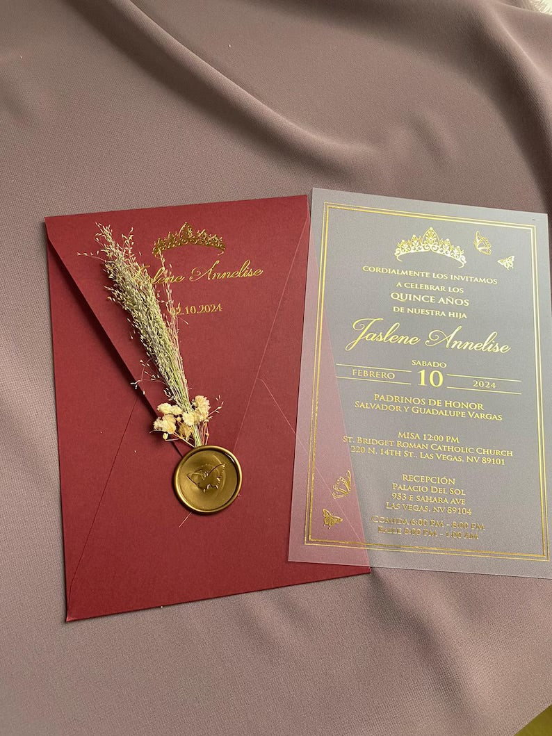 Custom Elegant Vellum Wedding Invitation Suite | Wax Seal & Dried Flower Envelope Accent