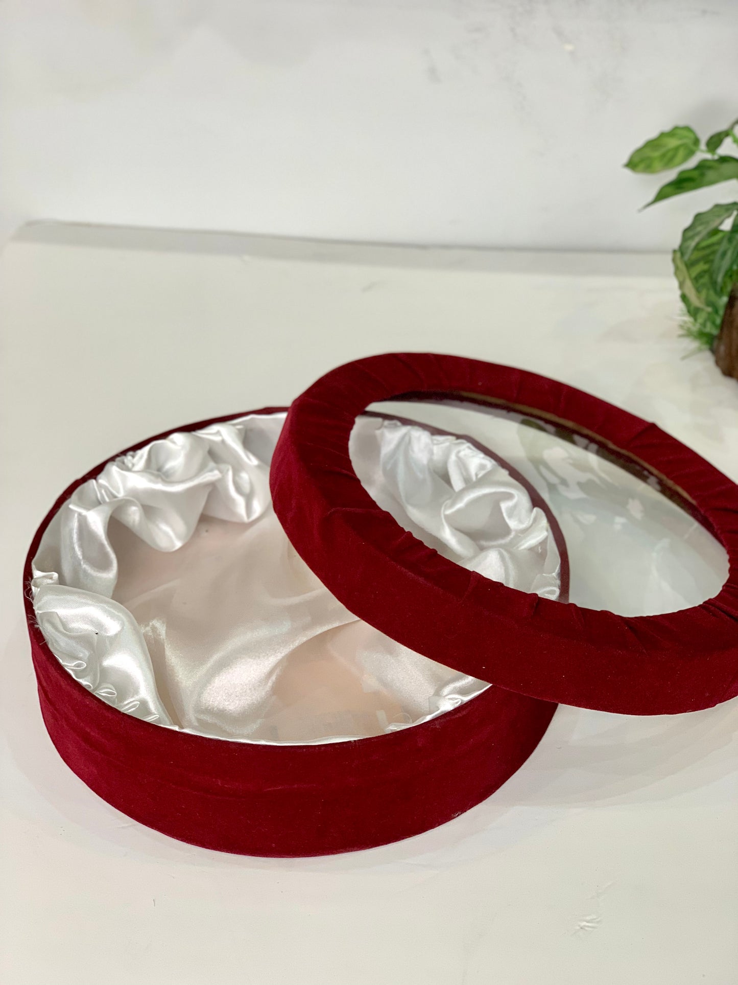 Round Velvet Trousseau Gift Box Maroon