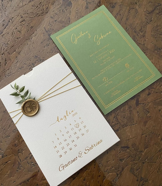 Handcrafted Olive Sage Invitation Suite | Modern Calendar Wedding Invite with Gold Wax Seal
