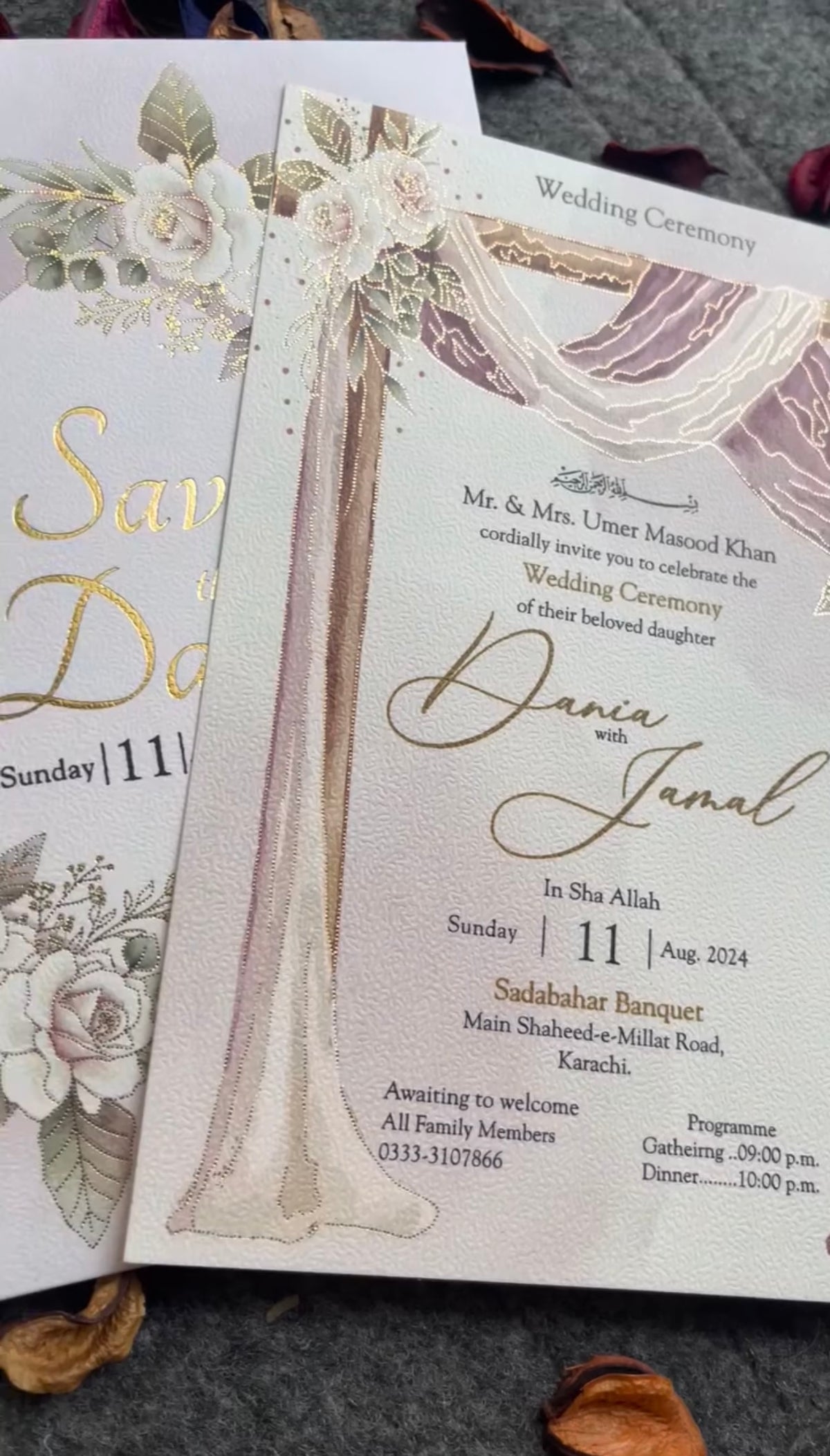 Luxury Custom Foil Wedding Invitation Card Set | Elegant Floral & Draping Design with Personalized Monogram