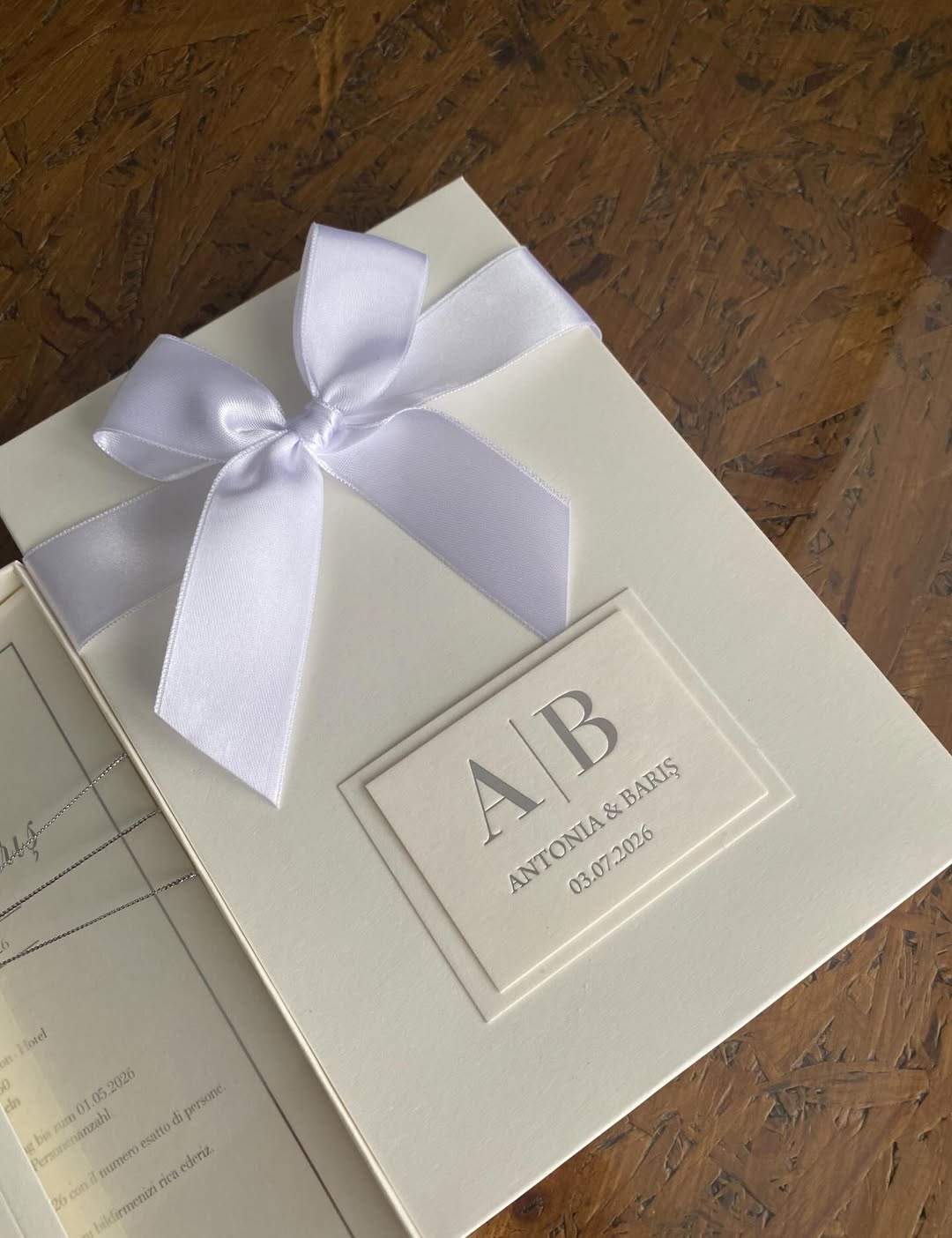 Bespoke White Boxed Invitation with Pewter Wax Seal | Modern Minimalist Calendar Invite with Satin Ribbon | Premium Handcrafted Stationery