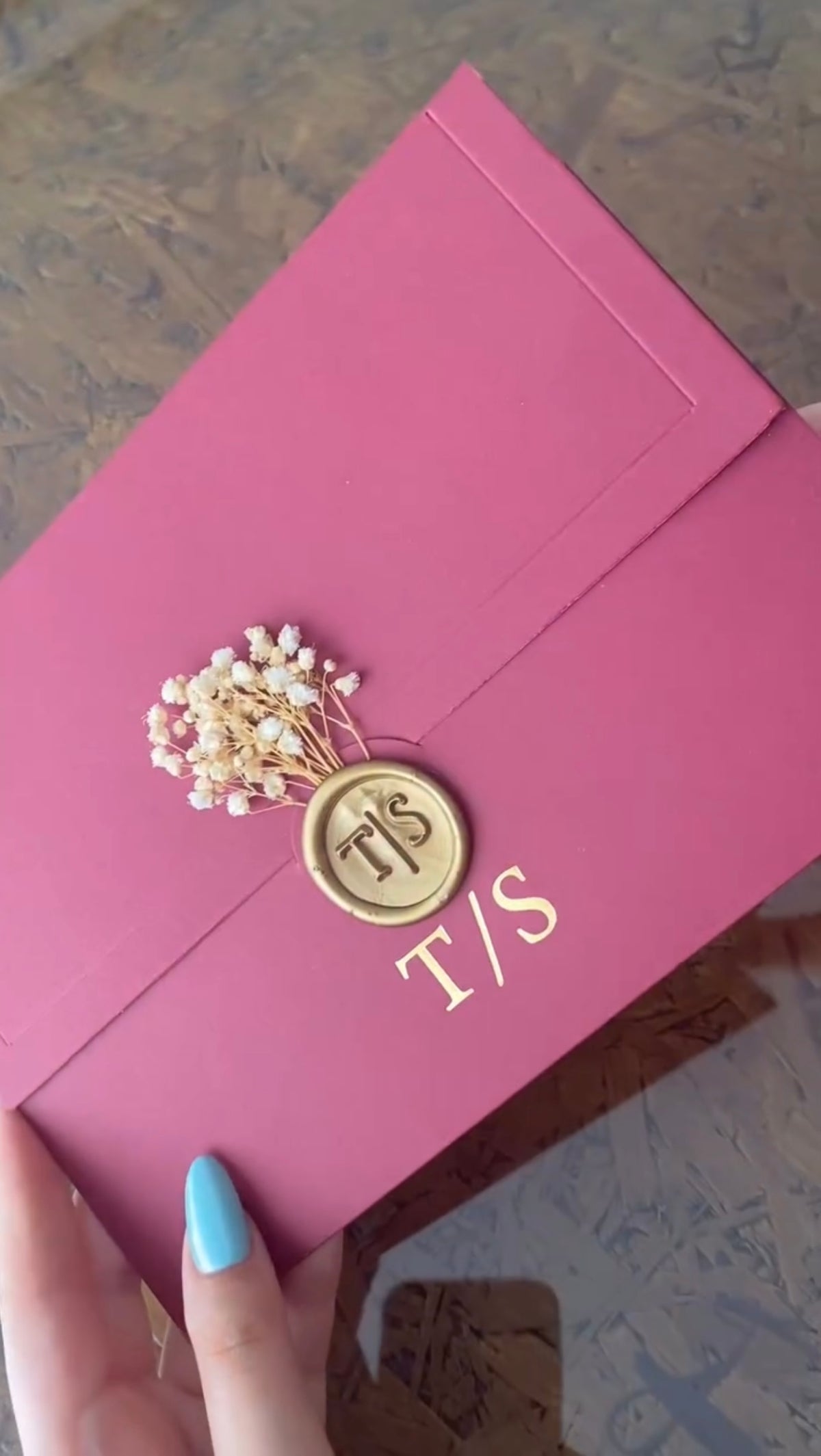 Custom Burgundy Wedding Invitation Suite with Gold Wax Seal & Dried Flower