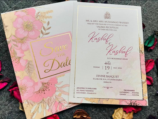 Floral Pink & Gold Foil Save the Date Wedding Invitation Card Set