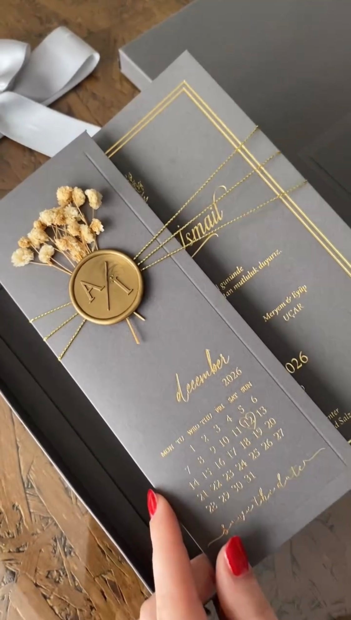 Bespoke Matte Charcoal & Gold Foil Wedding Invitation Suite | Luxury Boxed Save the Date with Wax Seal and Dried Florals