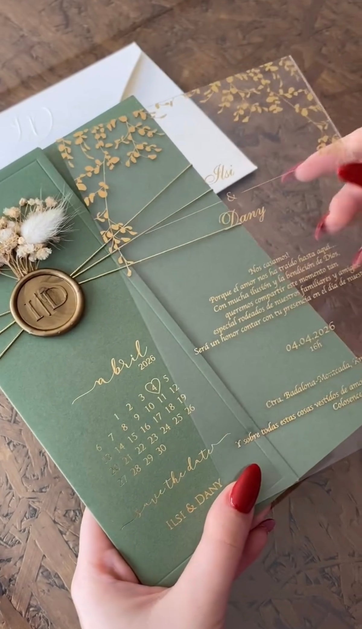 Custom Clear transparent Wedding Invitation Suite with Sage Green Calendar Card, Gold Foil Botanical Print, Dried Flowers
