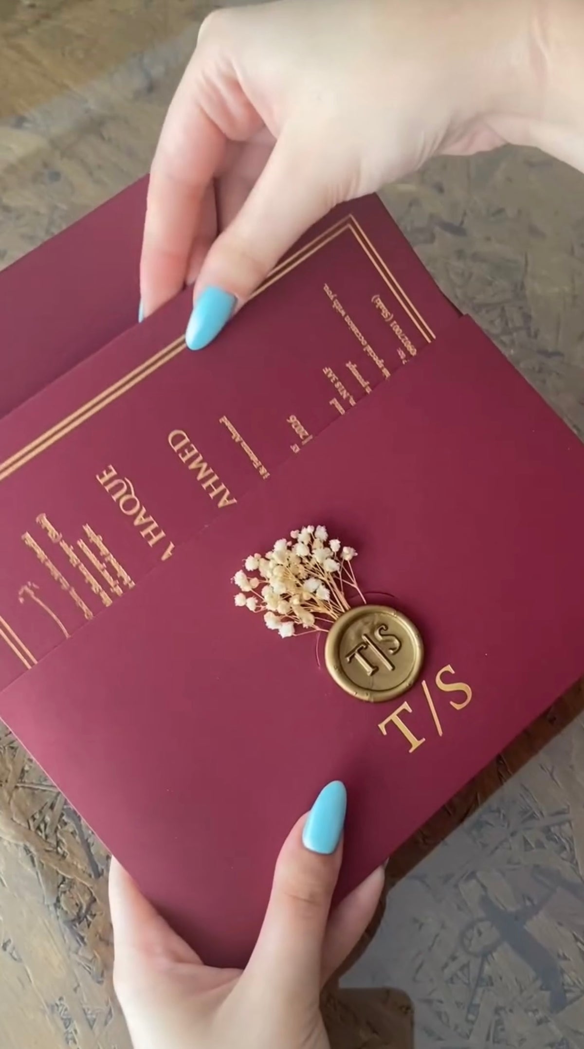 Custom Burgundy Wedding Invitation Suite with Gold Wax Seal & Dried Flower