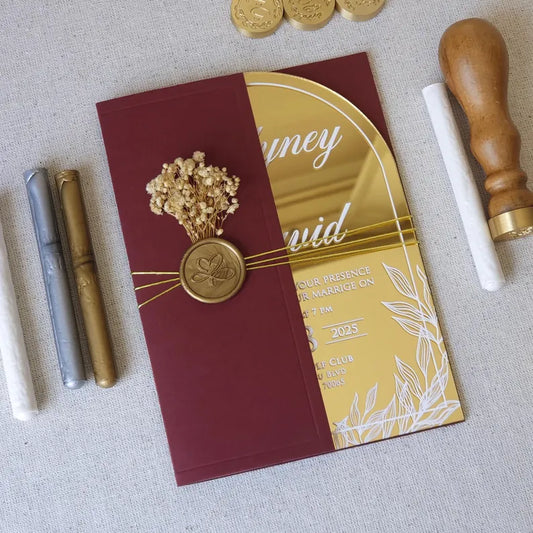 Elegant Burgundy Gold Mirrored Acrylic wedding invitation