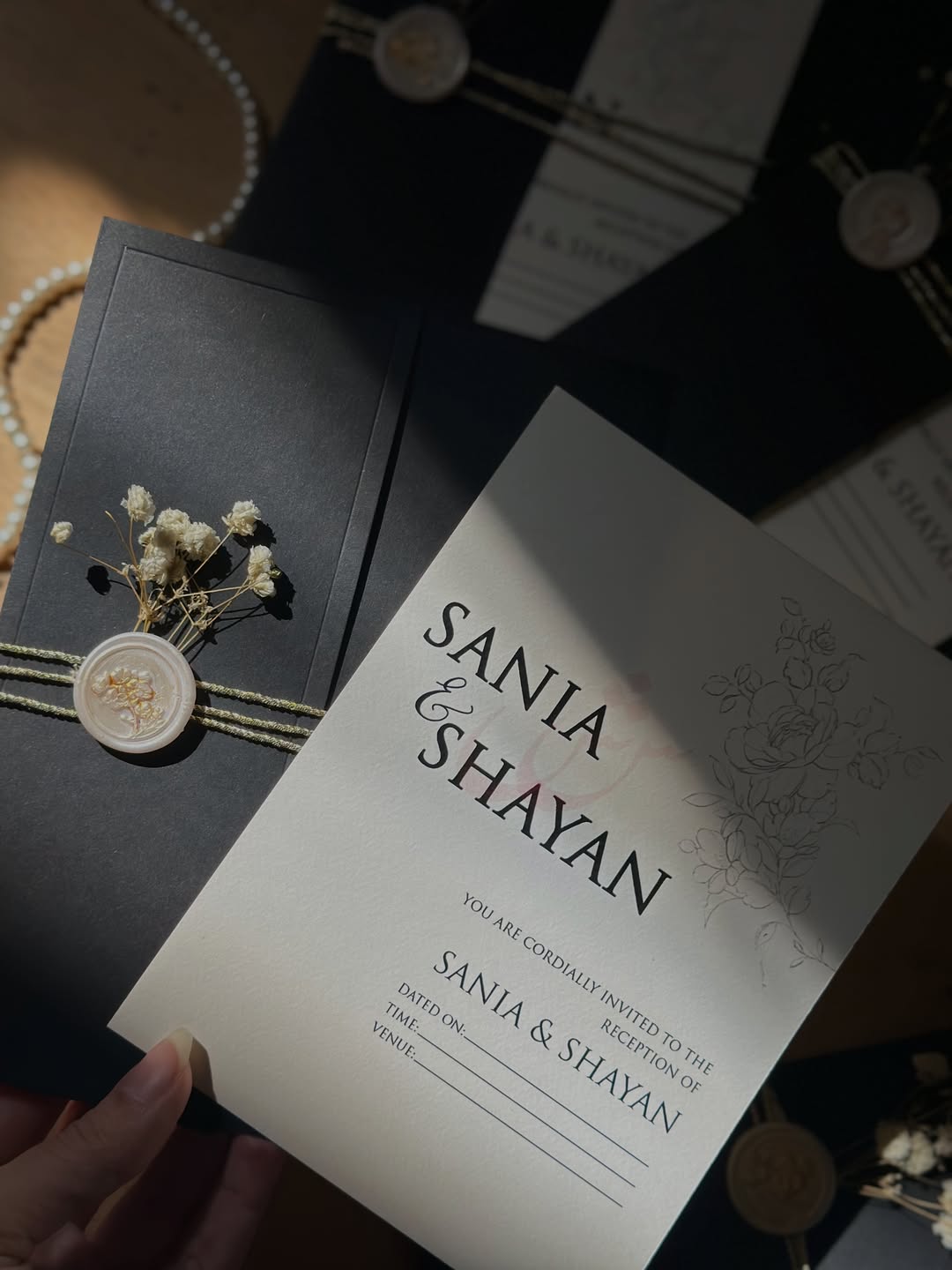 Luxury Black Wedding Invitation Card with Pearl Wax Seal