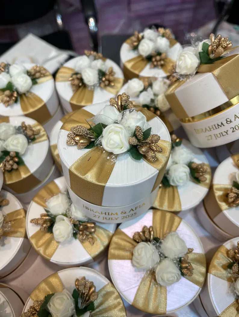 Personalized Floral Wedding Favor Boxes with Gold Satin Ribbon | Custom Nikkah