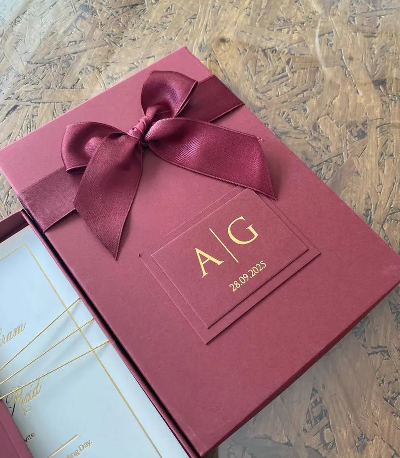 Burgundy Wedding Invitation Box | Personalized Gold Foil Monogram Suite with Dried Florals