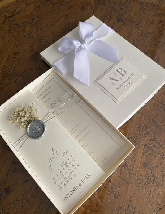 Bespoke White Boxed Invitation with Pewter Wax Seal | Modern Minimalist Calendar Invite with Satin Ribbon | Premium Handcrafted Stationery