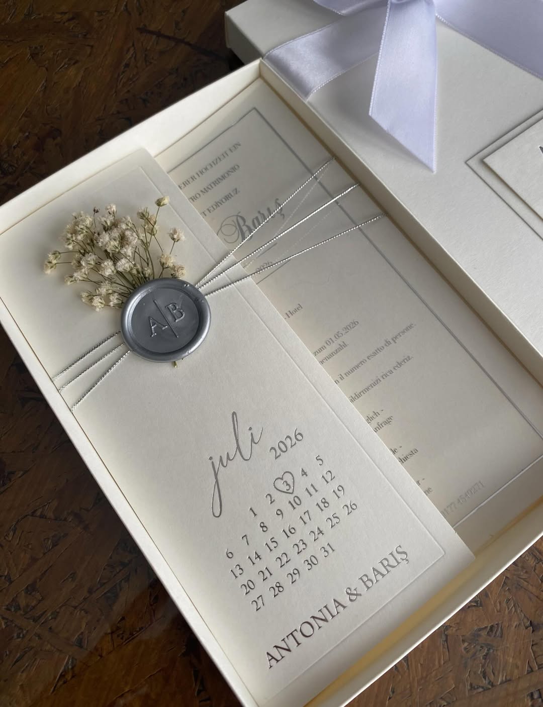 Bespoke White Boxed Invitation with Pewter Wax Seal | Modern Minimalist Calendar Invite with Satin Ribbon | Premium Handcrafted Stationery