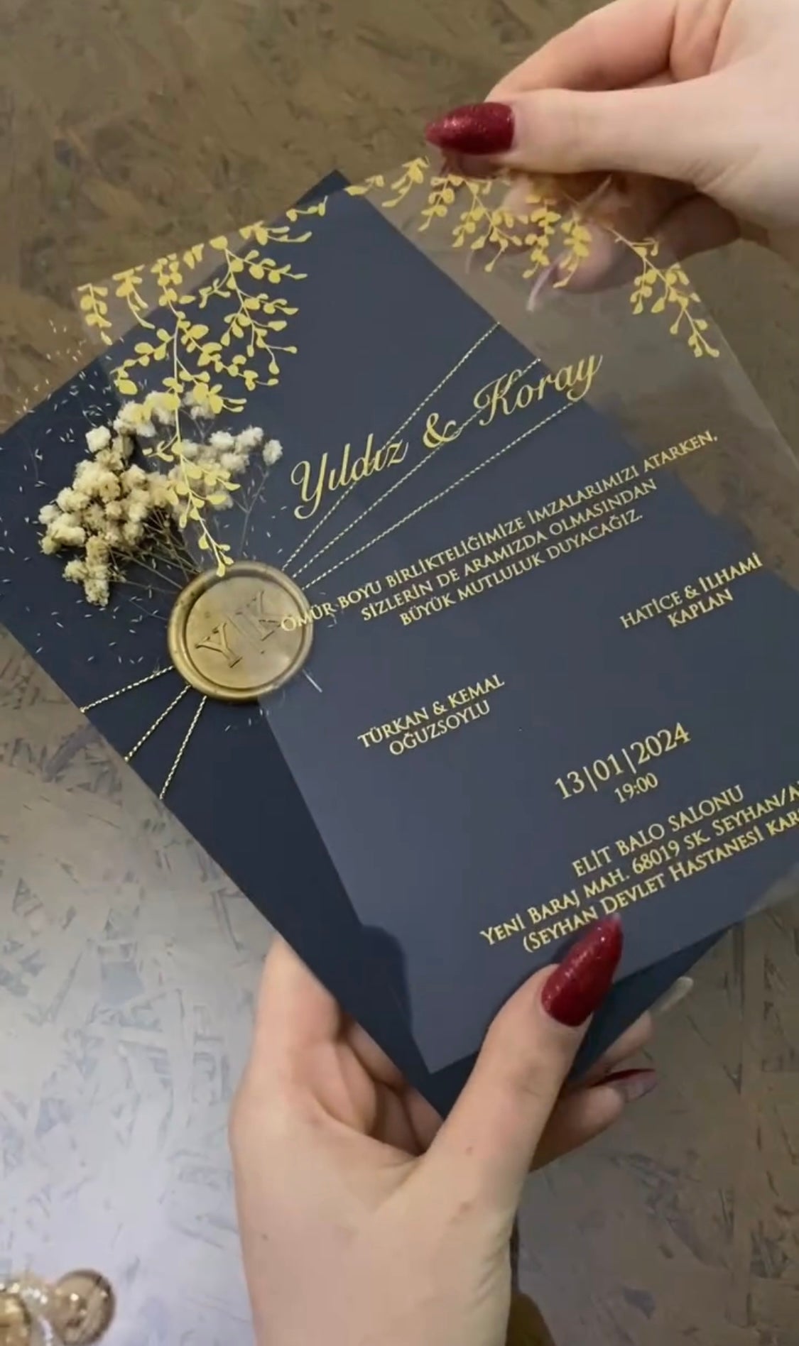 Bespoke Navy & Gold Acrylic Wedding Invitation Suite – Luxury Wax Seal & Dried Floral Invitation