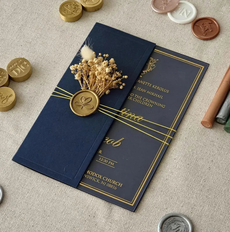 Elegant Navy Blue Acrylic Wedding Invitations With Gold Foil, Half Fold Envelope, Save the Date
