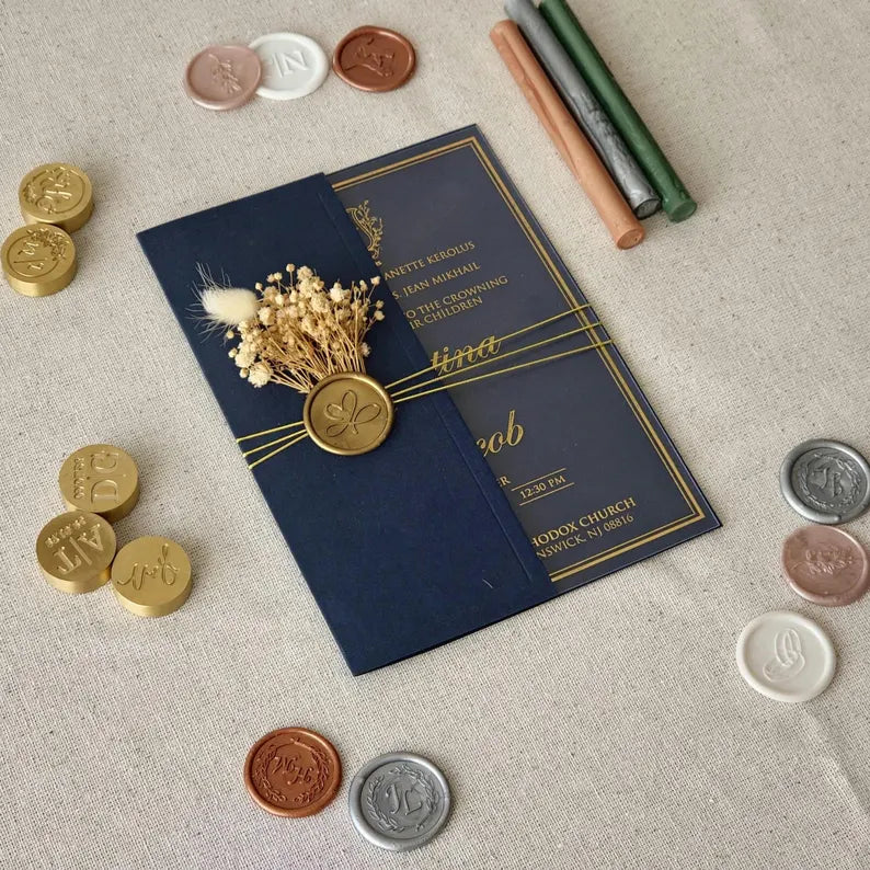 Elegant Navy Blue Acrylic Wedding Invitations With Gold Foil, Half Fold Envelope, Save the Date