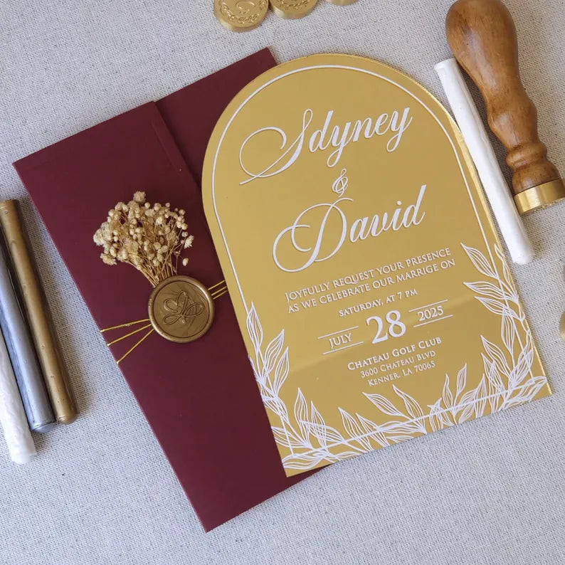 Elegant Burgundy Gold Mirrored Acrylic wedding invitation