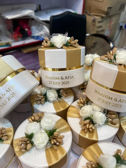 Personalized Floral Wedding Favor Boxes with Gold Satin Ribbon | Custom Nikkah