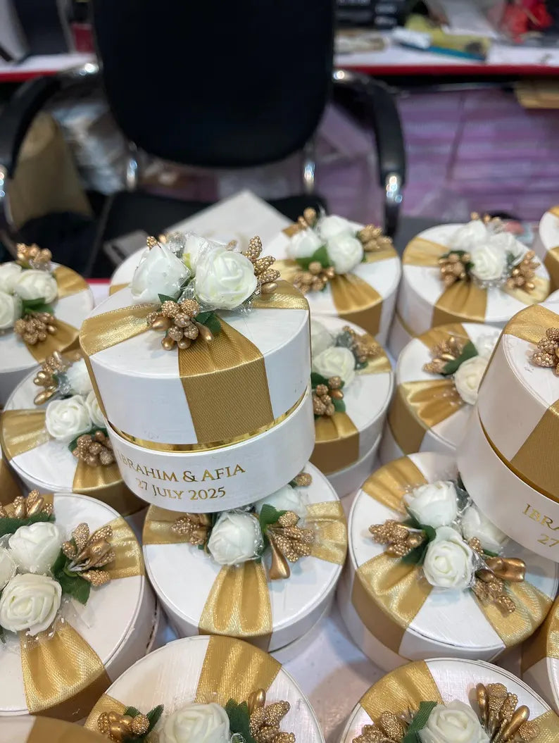 Personalized Floral Wedding Favor Boxes with Gold Satin Ribbon | Custom Nikkah