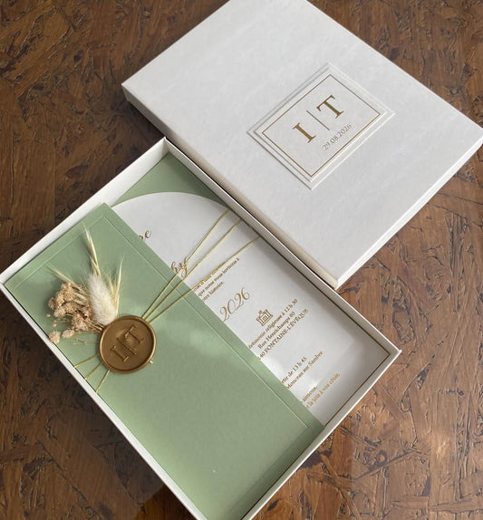 Sage Green & Gold Boxed Wedding Invitation Suite | Luxury Custom Monogram Box with Wax Seal & Dried Florals