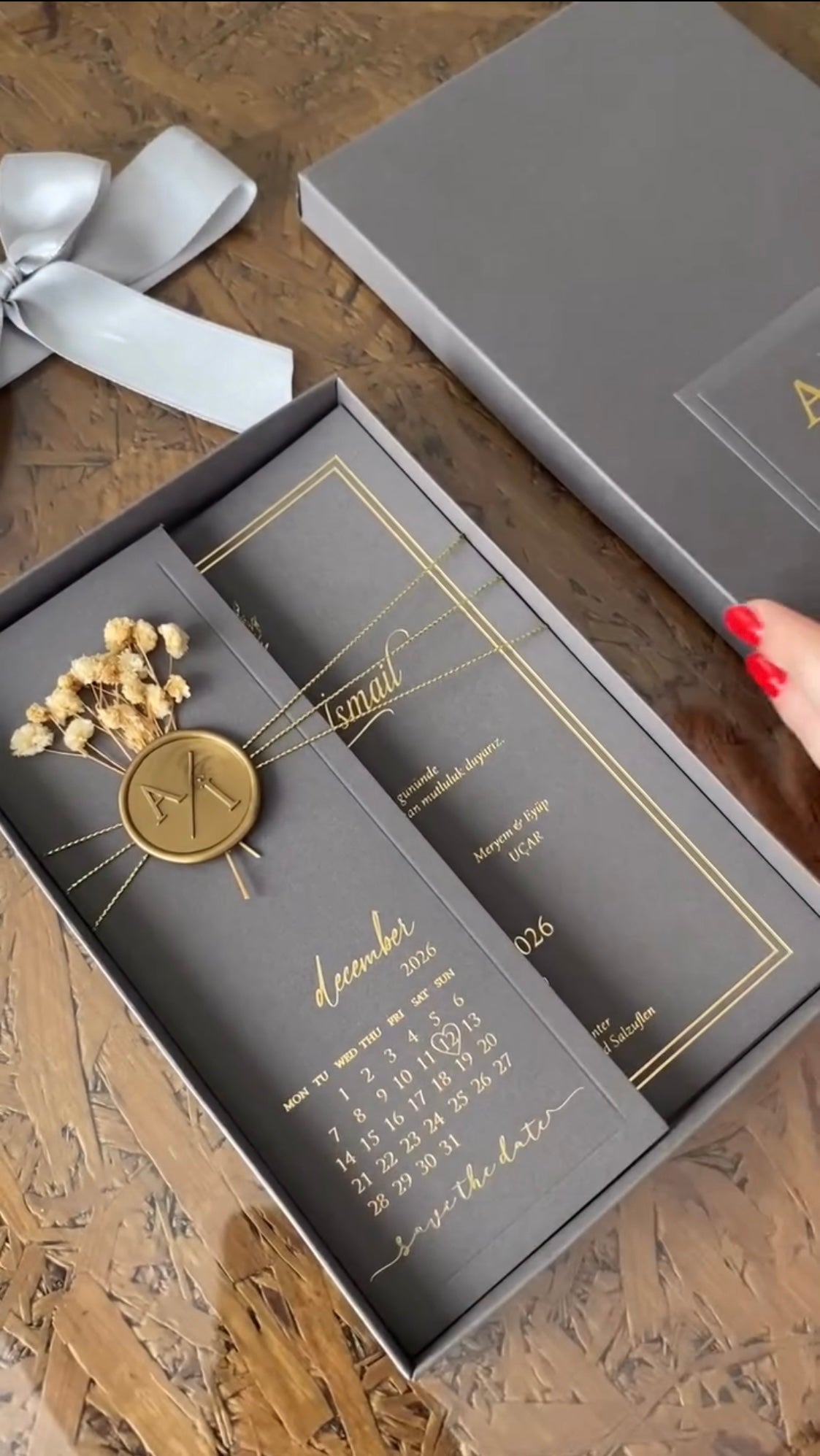 Bespoke Matte Charcoal & Gold Foil Wedding Invitation Suite | Luxury Boxed Save the Date with Wax Seal and Dried Florals
