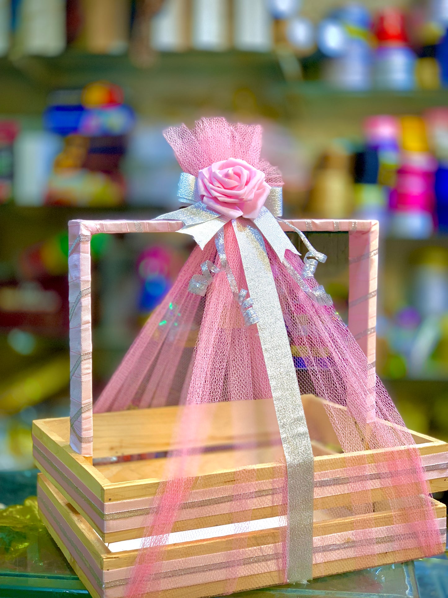 Wooden Gift Basket Pink