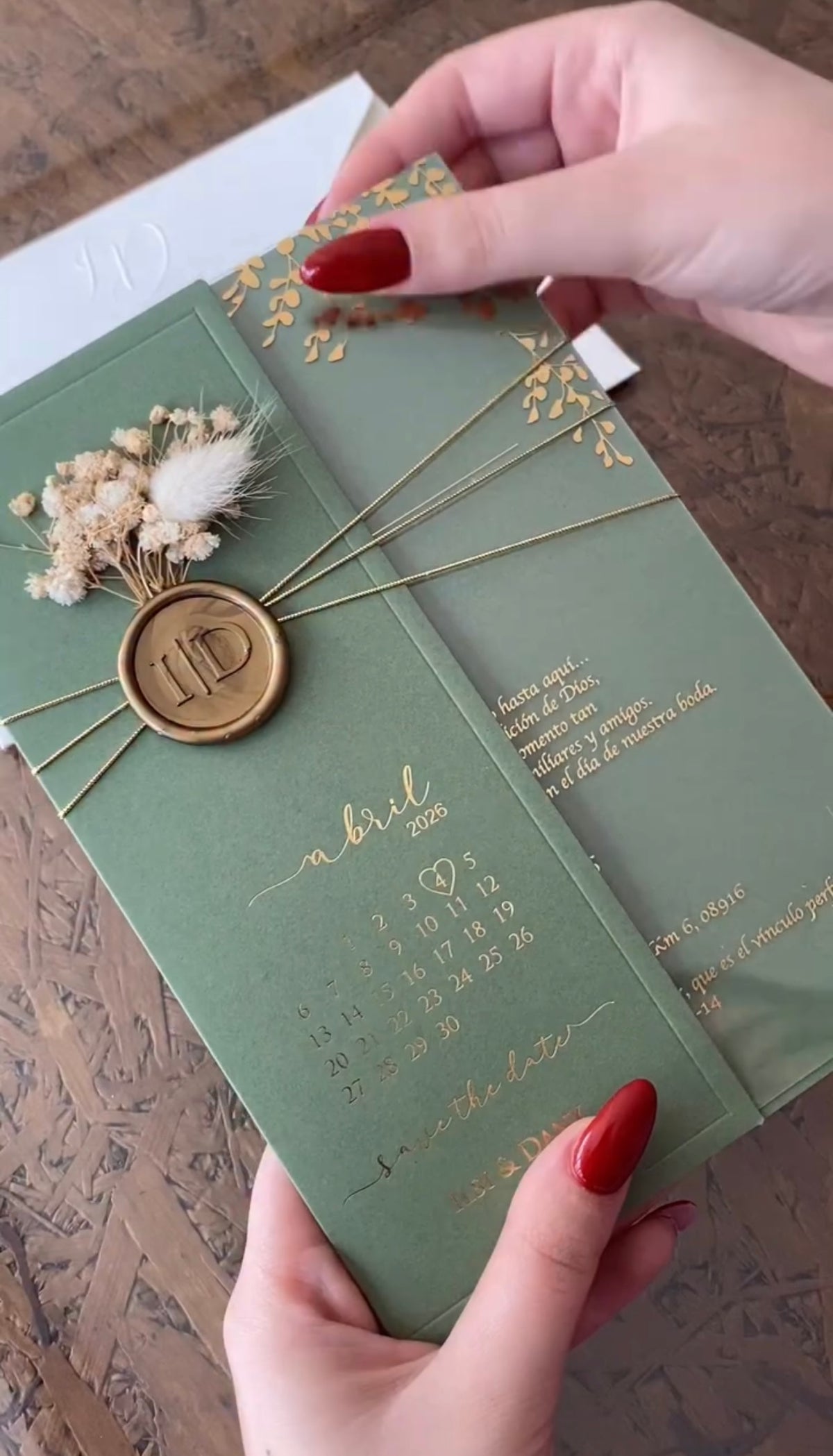 Custom Clear transparent Wedding Invitation Suite with Sage Green Calendar Card, Gold Foil Botanical Print, Dried Flowers