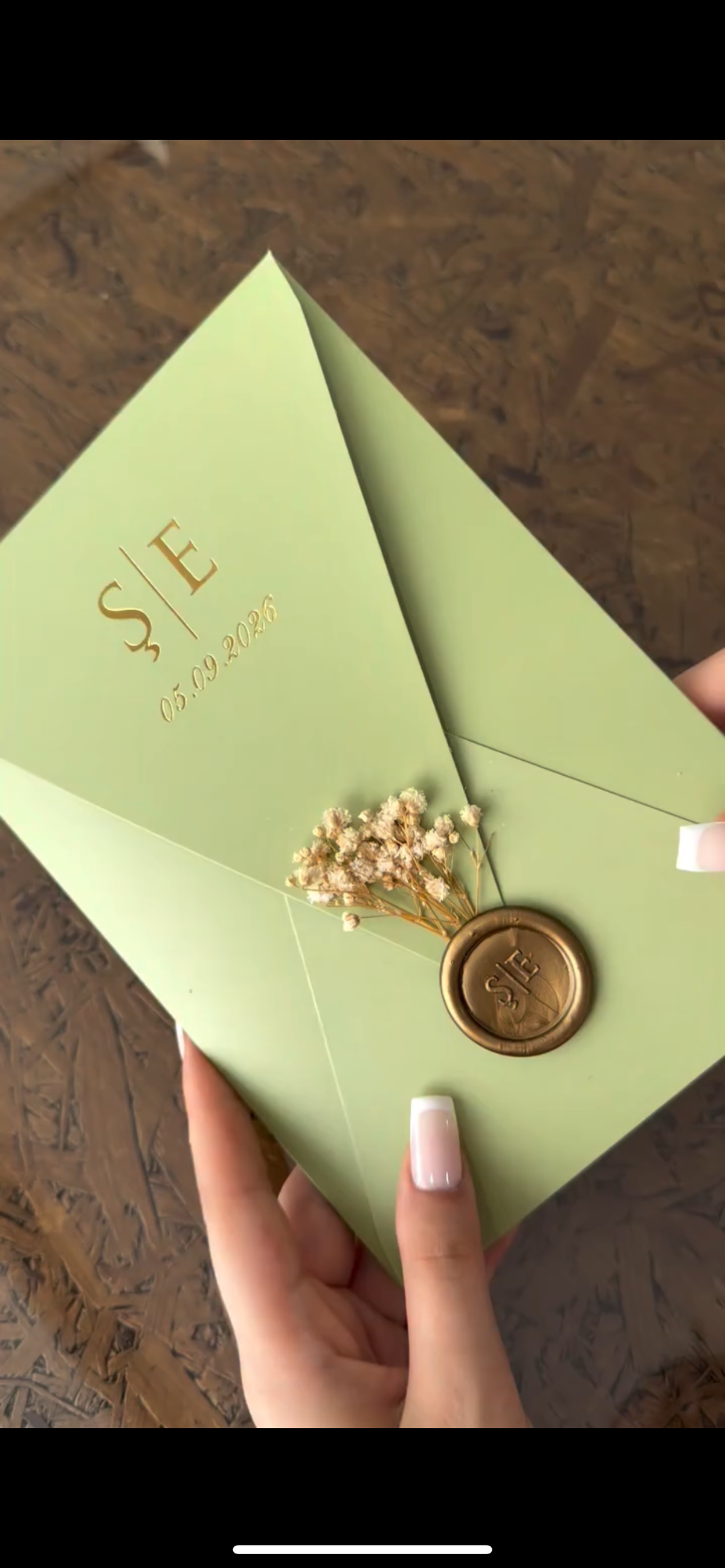 Custom Sage Green Acrylic Wedding Invitation Suite with Wax Seal & Dried Flowers