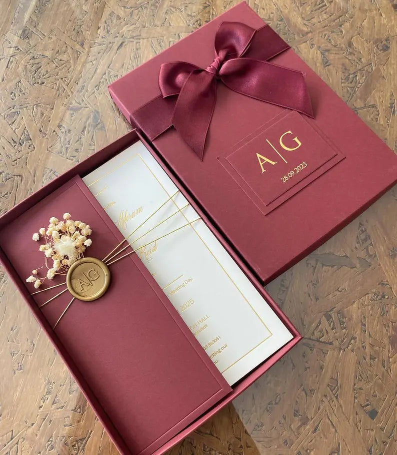 Burgundy Wedding Invitation Box | Personalized Gold Foil Monogram Suite with Dried Florals