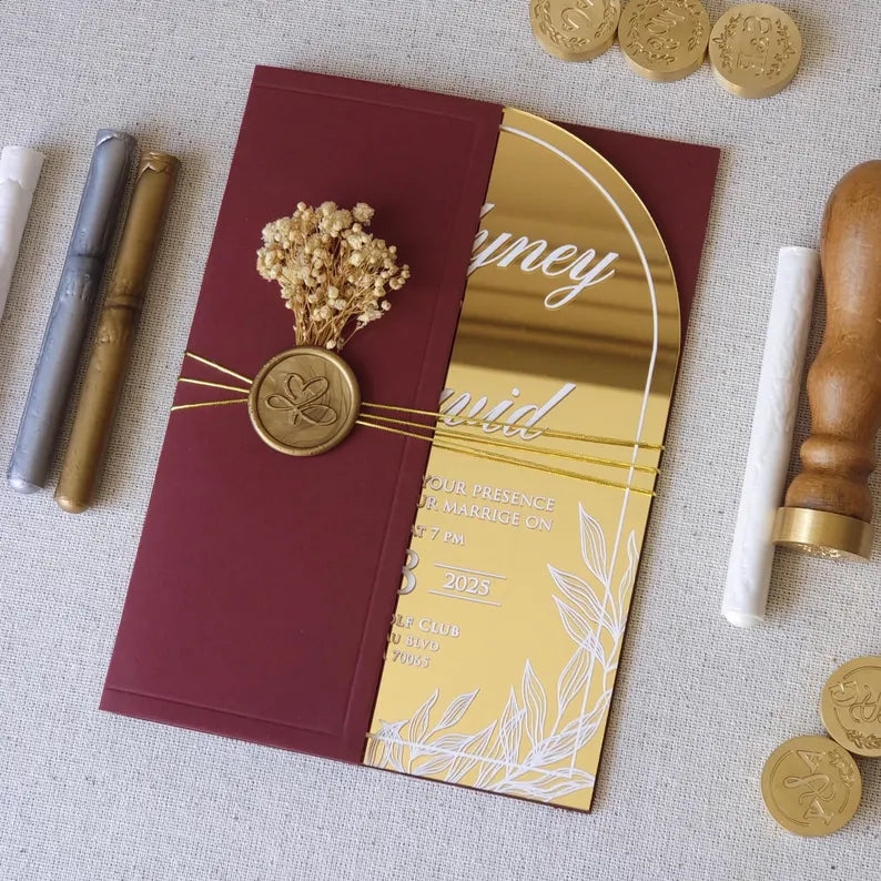 Elegant Burgundy Gold Mirrored Acrylic wedding invitation