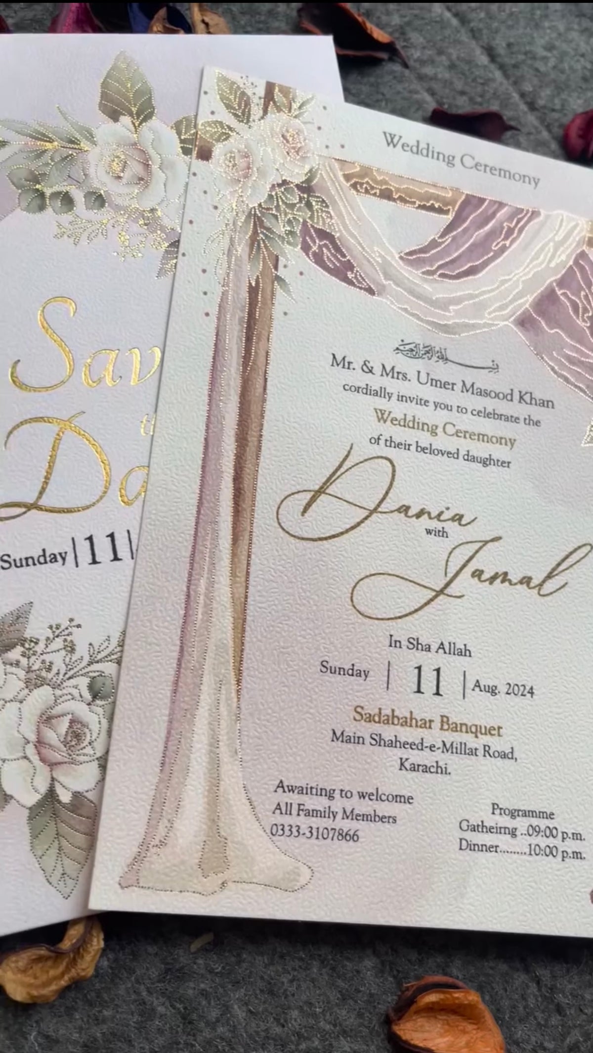 Luxury Custom Foil Wedding Invitation Card Set | Elegant Floral & Draping Design with Personalized Monogram
