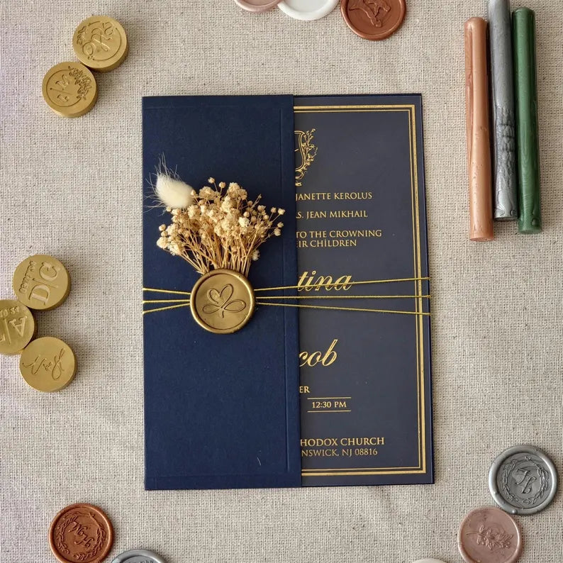 Elegant Navy Blue Acrylic Wedding Invitations With Gold Foil, Half Fold Envelope, Save the Date
