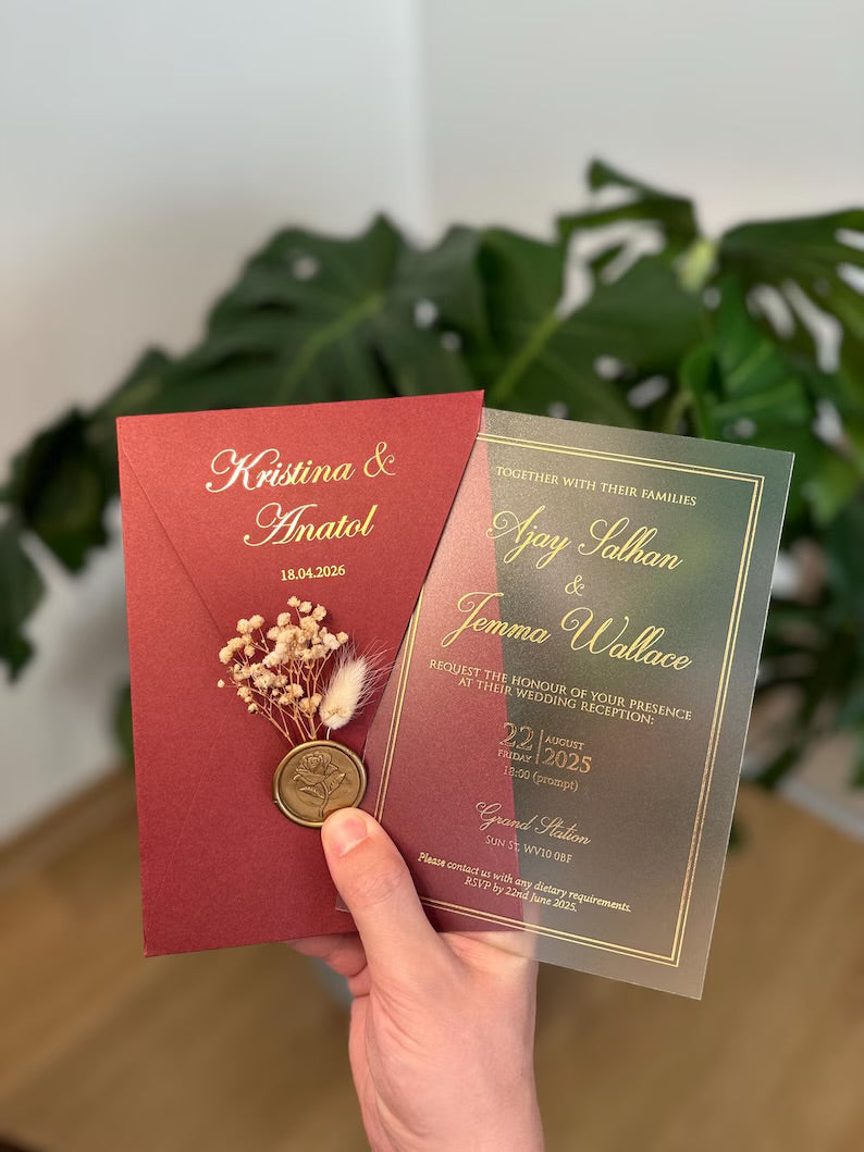 Custom Elegant Vellum Wedding Invitation Suite | Wax Seal & Dried Flower Envelope Accent