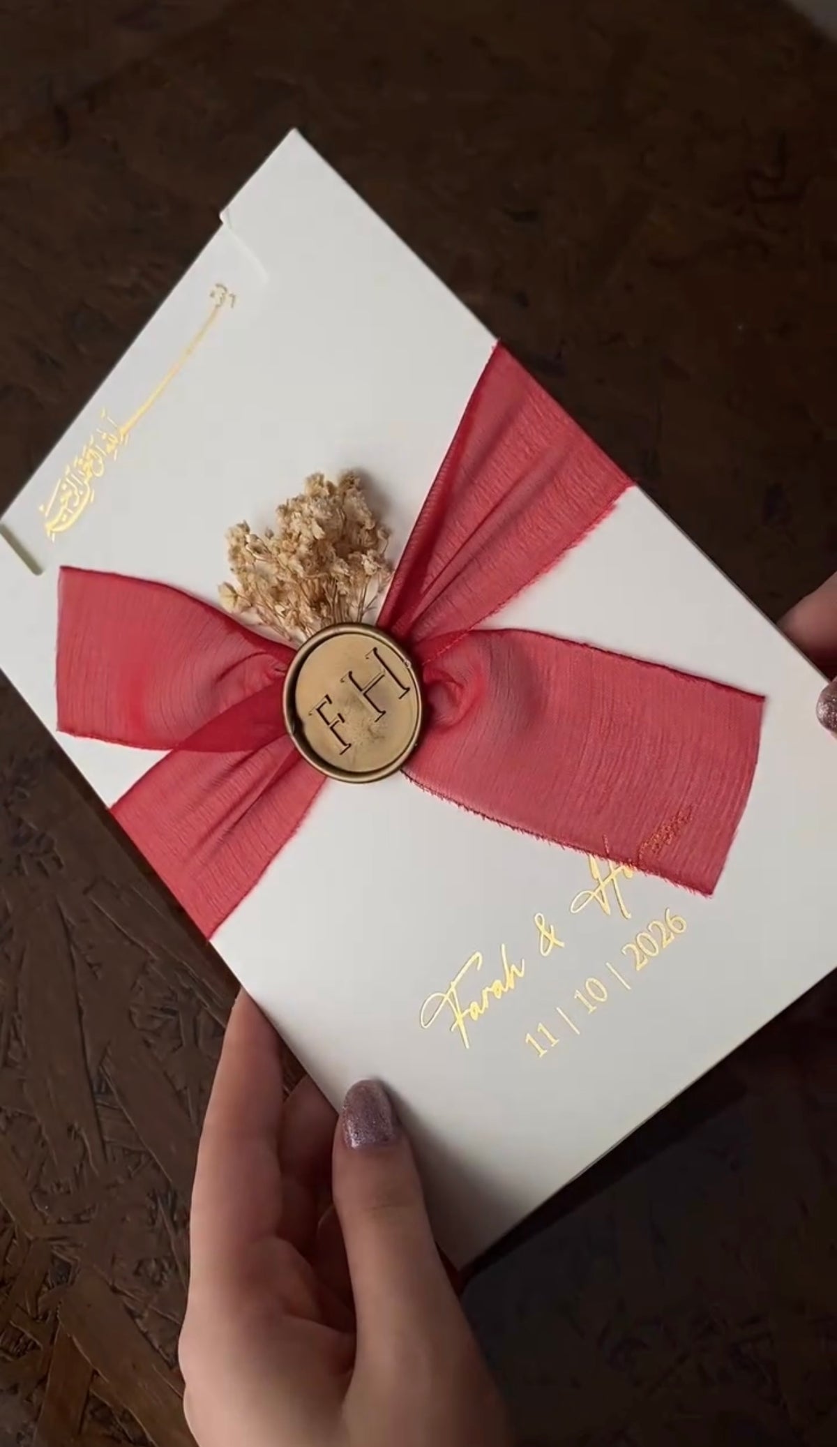 Bespoke Luxury Wedding Invitation Card with Custom Wax Seal & Chiffon Ribbon Wrap