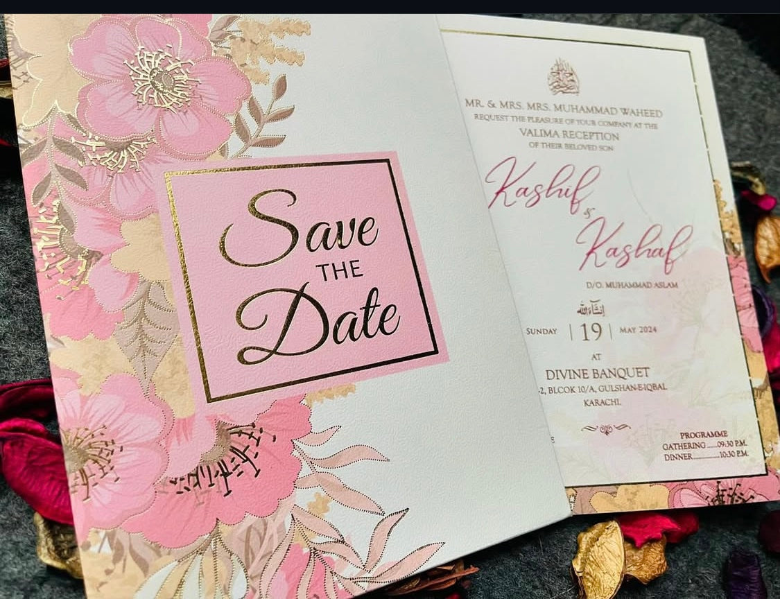 Floral Pink & Gold Foil Save the Date Wedding Invitation Card Set