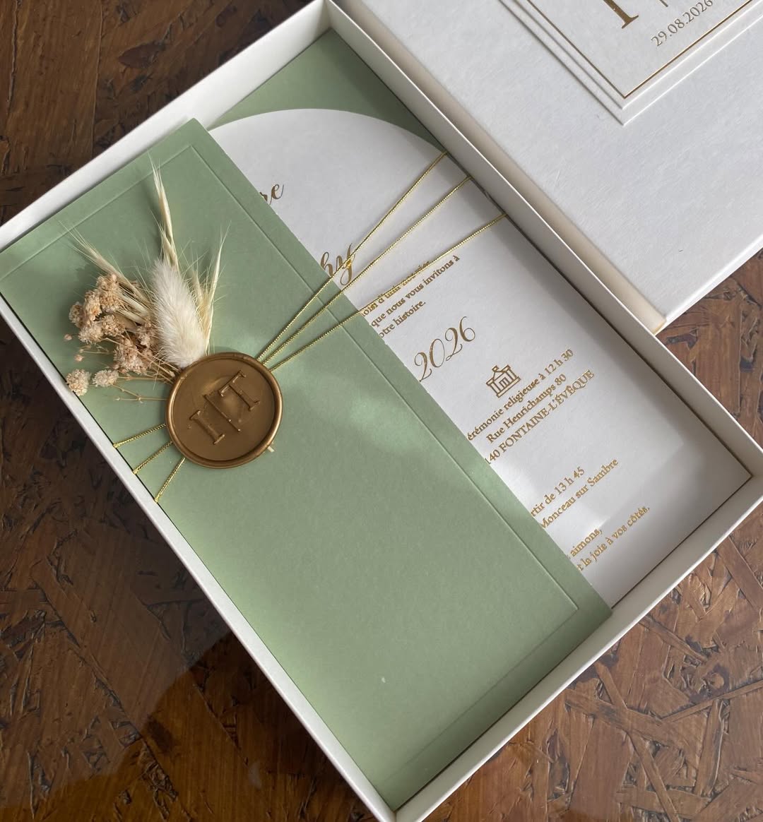 Sage Green & Gold Boxed Wedding Invitation Suite | Luxury Custom Monogram Box with Wax Seal & Dried Florals