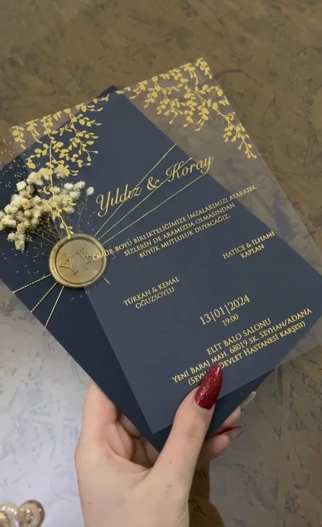 Bespoke Navy & Gold Acrylic Wedding Invitation Suite – Luxury Wax Seal & Dried Floral Invitation