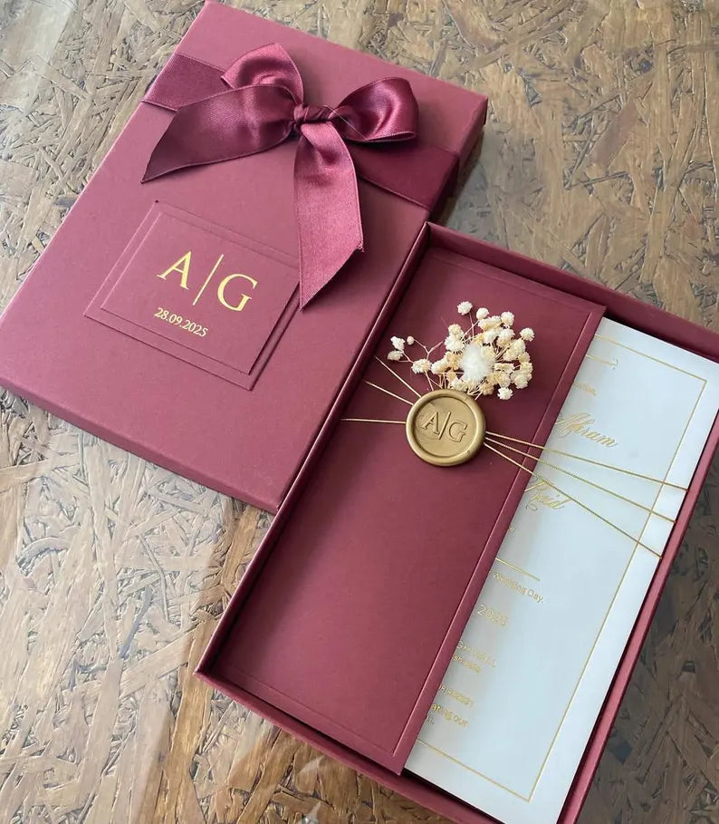 Burgundy Wedding Invitation Box | Personalized Gold Foil Monogram Suite with Dried Florals