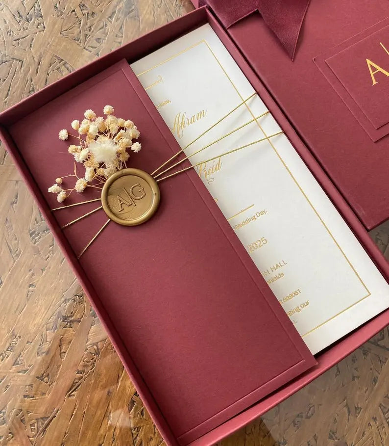 Burgundy Wedding Invitation Box | Personalized Gold Foil Monogram Suite with Dried Florals