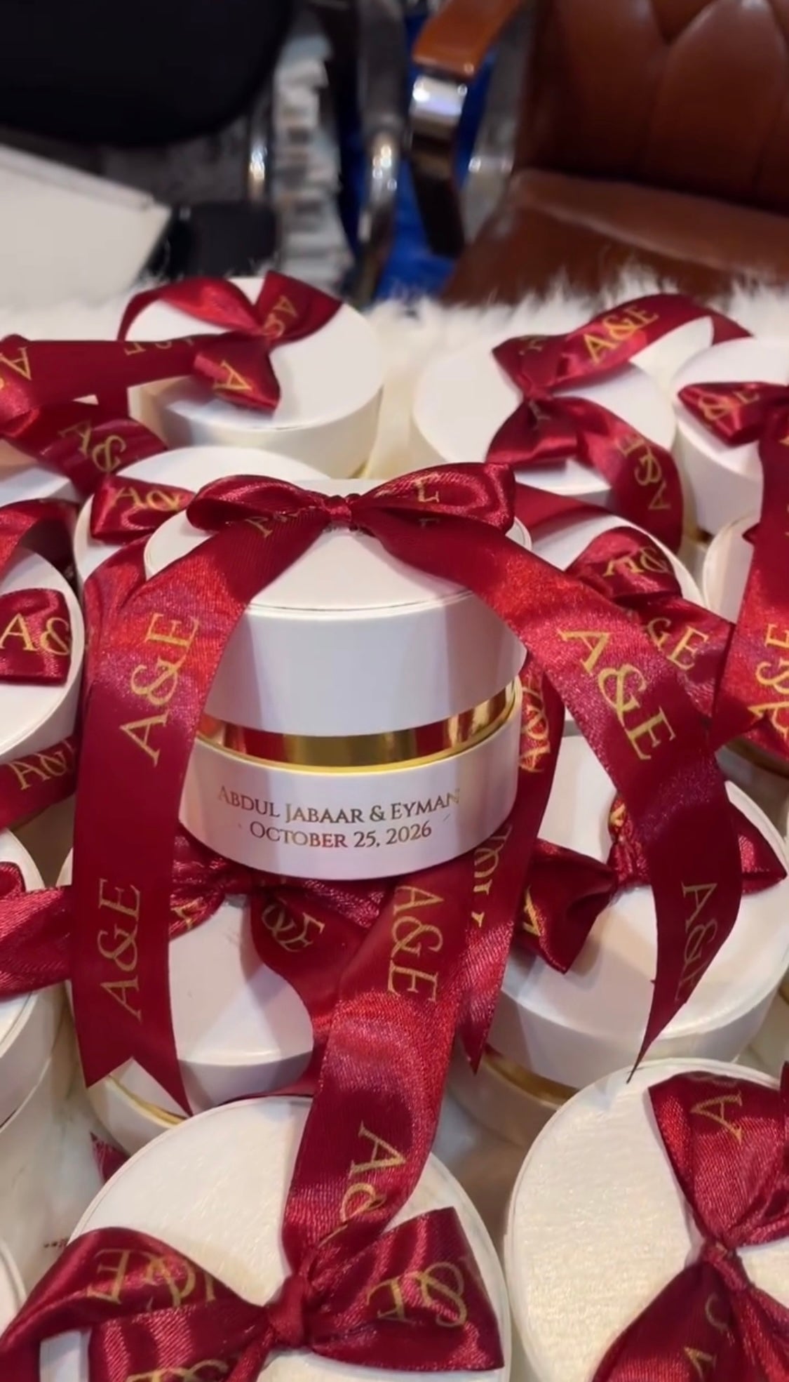 Custom Wedding Favor Boxes with Personalized Ribbon | Luxury Round Rigid Gift Boxes