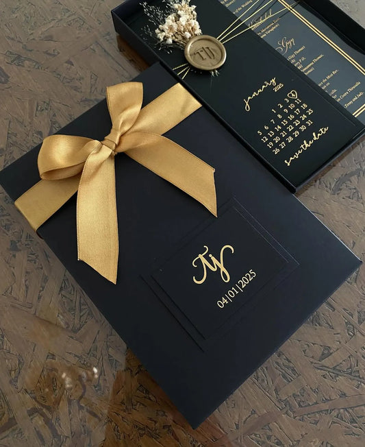 Luxury Matte Black Wedding Invitation Box Suite with Gold Satin Ribbon, Custom Wax Seal & Gold Foil Printing
