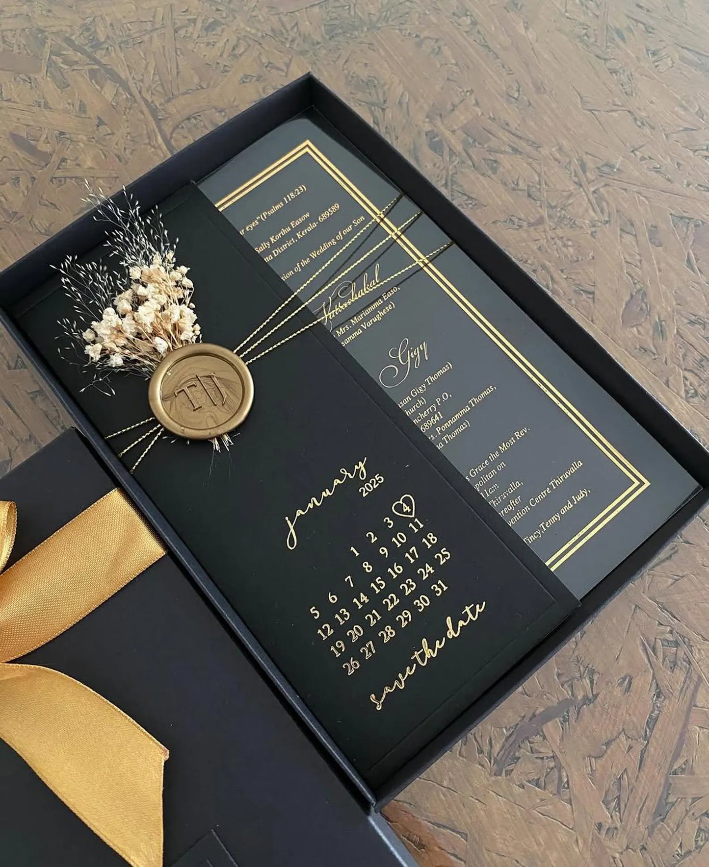 Luxury Matte Black Wedding Invitation Box Suite with Gold Satin Ribbon, Custom Wax Seal & Gold Foil Printing