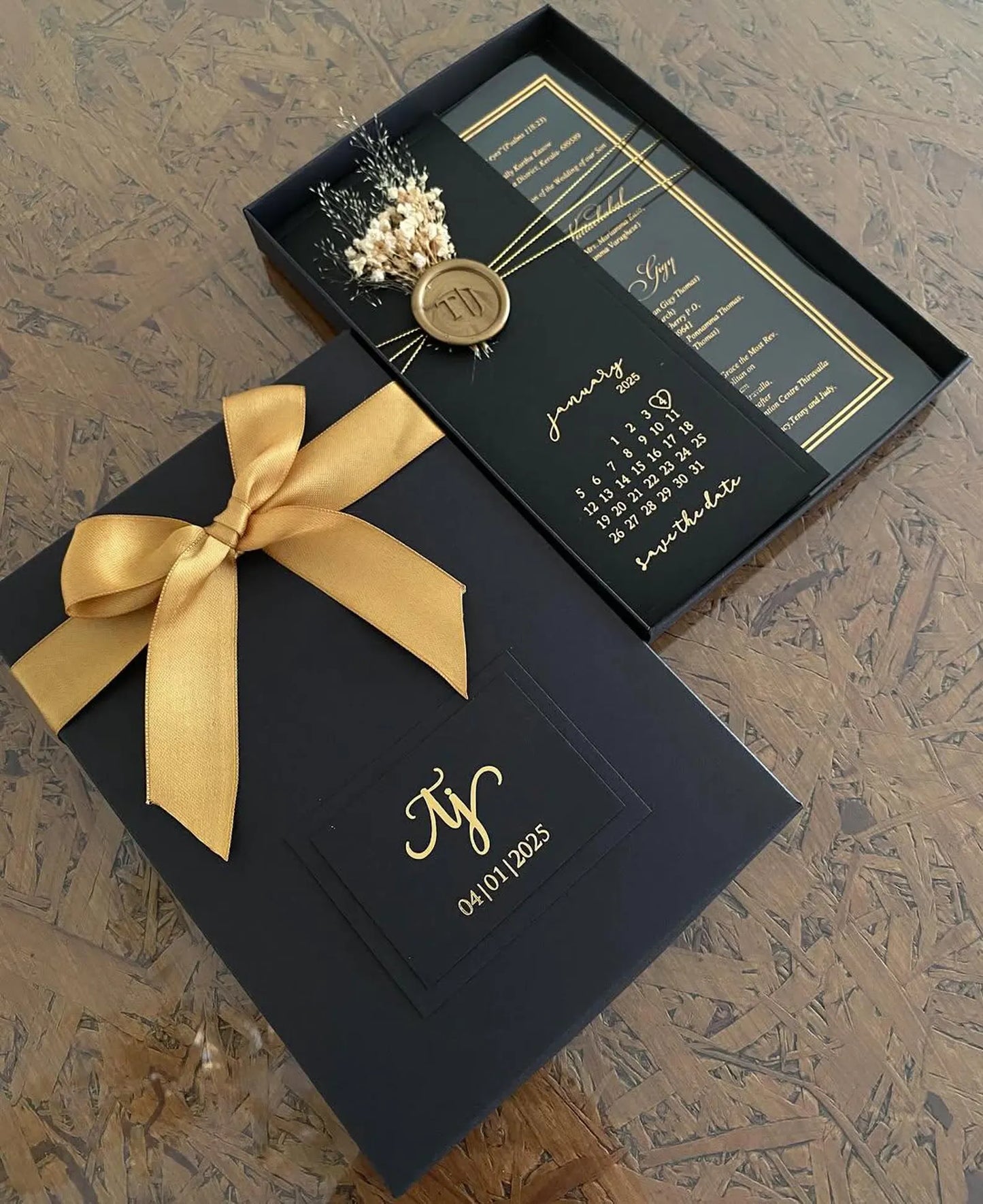 Luxury Matte Black Wedding Invitation Box Suite with Gold Satin Ribbon, Custom Wax Seal & Gold Foil Printing