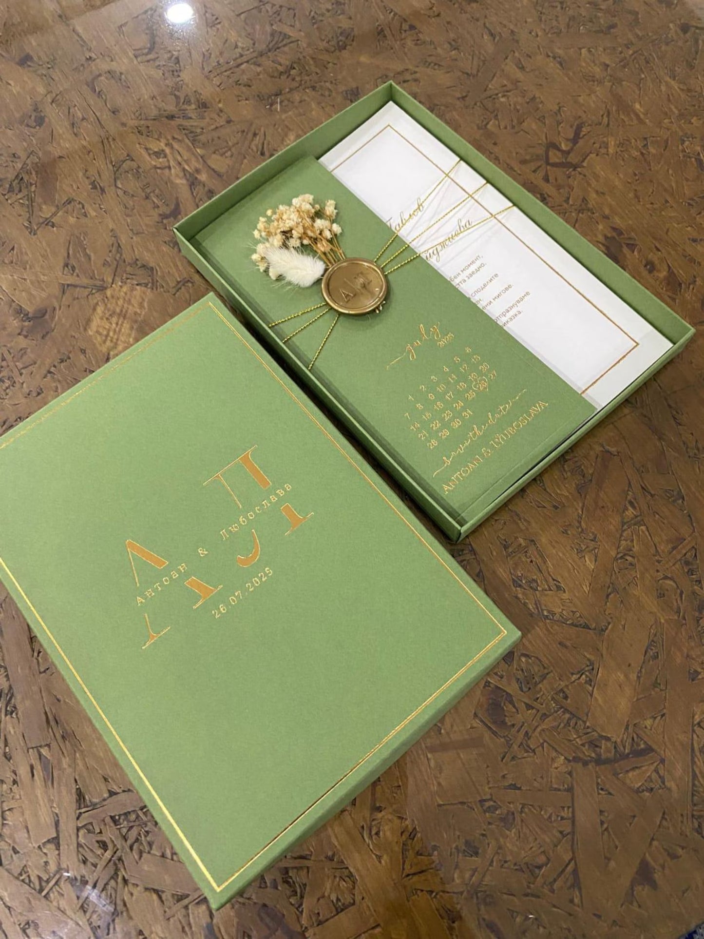 Luxury Emerald & Gold Wedding Invitation Box Suite with Dried Florals