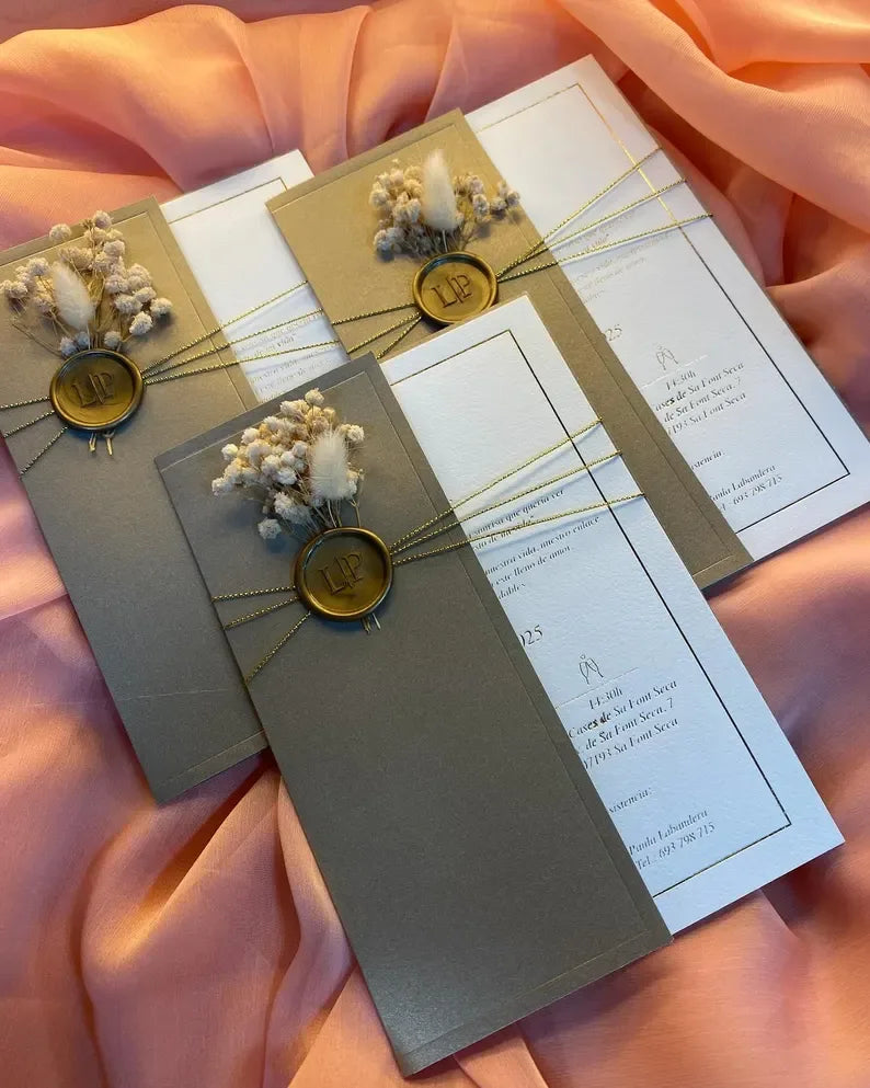 Luxury Emerald & Gold Wedding Invitation Box Suite with Dried Florals