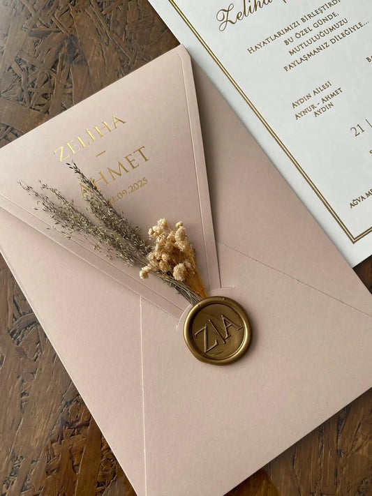 Elegant Blush Pink Wedding Invitation Suite with Custom Gold Foil, Wax Seal, and Dried Florals