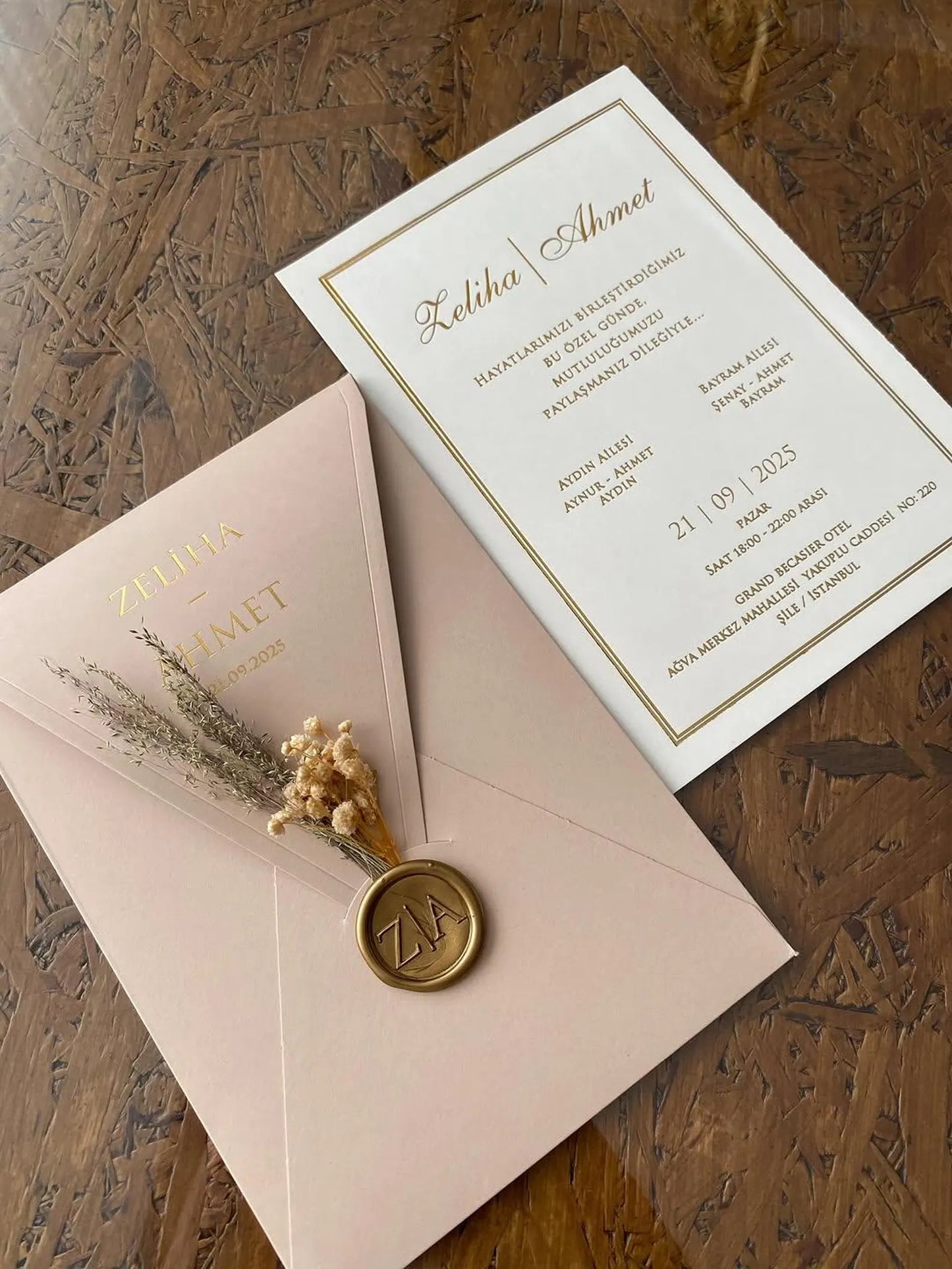 Elegant Blush Pink Wedding Invitation Suite with Custom Gold Foil, Wax Seal, and Dried Florals